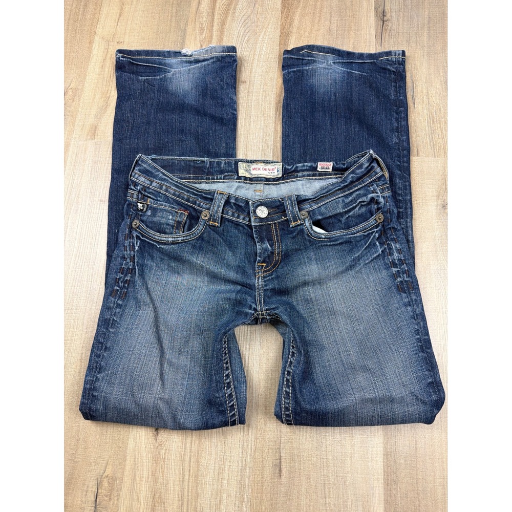 MEK Denim Low Rise Henderson Bootcut Jeans Dark Wash Distressed 30x34